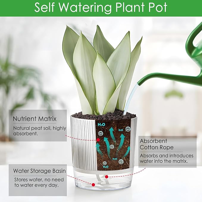 6 Pack Self Watering Pots for Indoor Plants, Flower Planters with Wick Rope & Reservoir, 4" + 5.5" Plastic Pots for African Violet, Orchid, Succulent, Herbs
