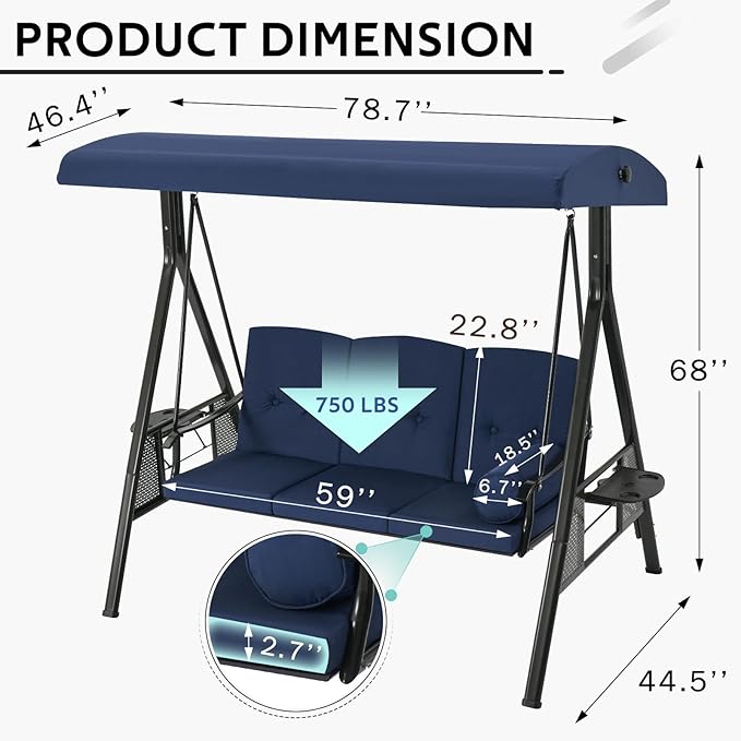 U-MAX 3-Seat Porch Swing Chair Steel Frame, Patio Swing Chair with Stand and Removable Cushions, Outdoor Canopy Swing Chair for Outside, Backyard, Garden, Deep Blue Cushion