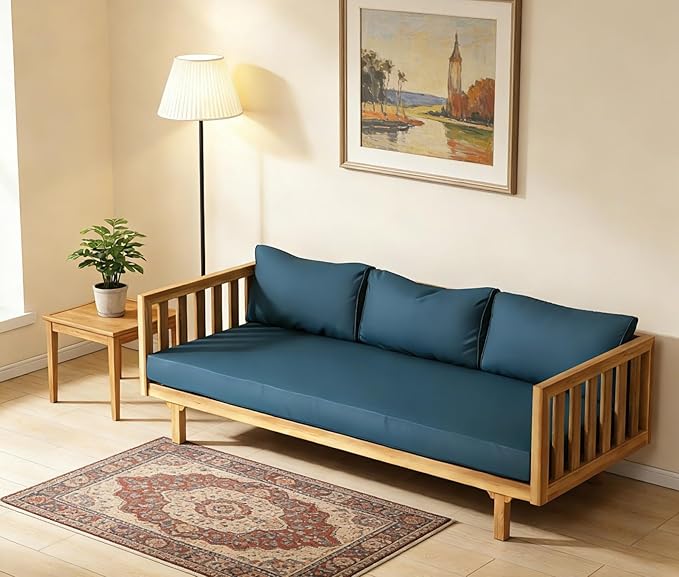 Merax Solid Acacia Wood Couch Chaise Lounge Chair Indoor, 3 Seater Daybed Sofa Couches with Cushions & Pillow, Heavy Frame Day Bed for Living Room, Office, Outdoor, Balcony, Patio, Water Resistant