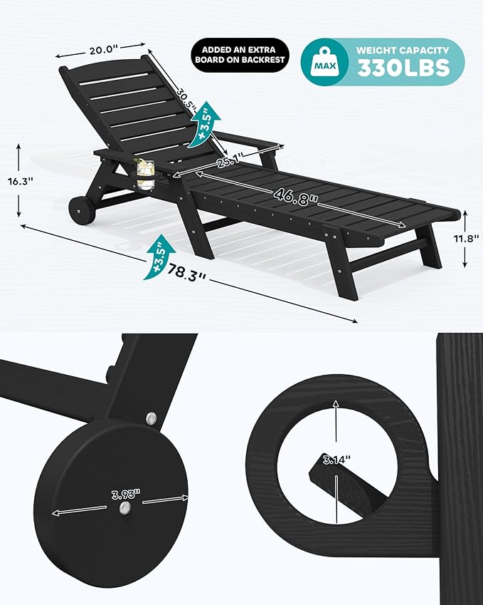 SERWALL Patio Chaise Lounge Chair Set of 2, 78'' Long 5-Positions Adjustable HDPE Outdoor Lounger for Pool, Poly Lounge Chair with Rolling Wheels & Cup Holder for Poolside, Deck, Black