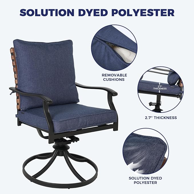 Grand patio 7-Piece Outdoor Dining Set, 6 Leather-Look Wicker Swivel Blue Patio Chairs & 1 Rectangular Dining Table, Black