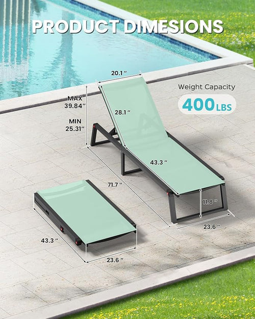 Aluminum Chaise Lounge Chair Outdoor, Foldable & Assembly Free Patio Pool Lounge Chairs 5-Position Recliner for Outside Poolside, Fully Grounded Legs Sun Lounger for Beach, Yard, Light Green