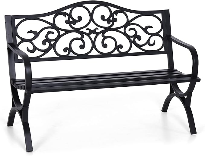 Sophia & William 50" Outdoor Garden Bench Patio Park Bench, Cast Iron Metal Frame Furniture with Floral Design Backrest for Porch Yard Lawn Deck, Black