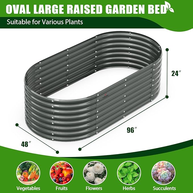 A ANLEOLIFE 4-Set 8X4X2 ft Galvanized Raised Garden Bed Kit, Oval Metal Deep Root Planters for Outdoor Plants, Quartz Grey