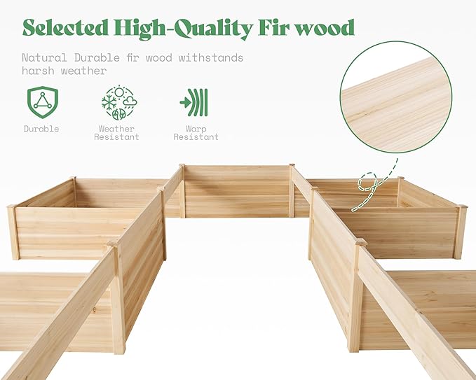 AMERLIFE Raised Garden Bed – 12x12x2 ft H-Shaped Wooden Planter Box, 180 Cu. Ft Capacity, Double-Layer Design for Outdoor Patio, Yard, and Garden Use