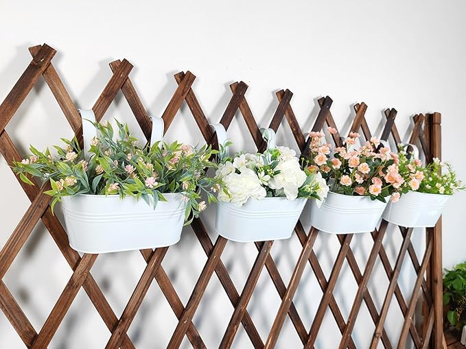 10" Hanging Flower Pots, Pack of 8 White Metal Outdoor Patio Balcony Planter, Railing Planters Fence Pot with Detachable Hook & Drainage Hole for Small Plants (White, 8Pcs)