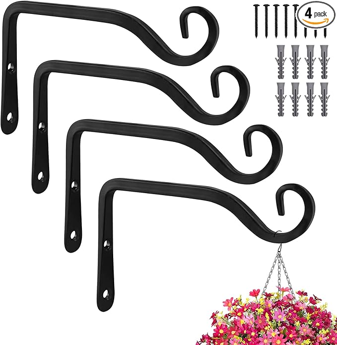 Plant Hangers Outdoor 4 Pack 10 Inch Metal Hanging Plant Bracket Metal Hanging Plant Hooks Indoor, Wall Hooks for Hanging Plants, Bird Feeder, Flower Basket, Wind Chimes Black (4PCS)
