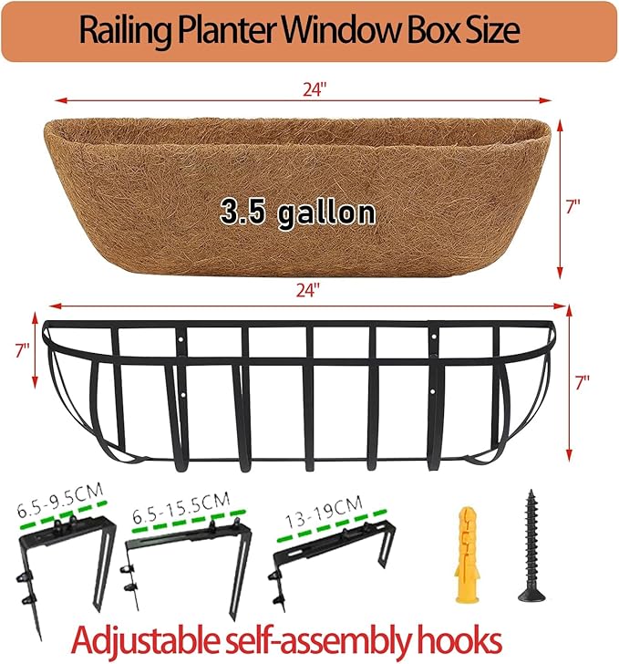 30'' Window Box Railing Planter with Coco Liner,2 Pack Horse Trough Planters Black Metal Hanging Flower Planters Basket for Porch Fence Patio Indoor Outdoor Lawn