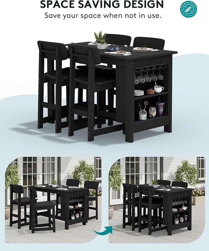 SERWALL 8-Piece Counter Height DiningTable Sets with Storage and Wine Rack, HDPE 2 Rectangular Bar Table with Bar Stools Set of 6 for Garden, Backyard, Kitchen, Black