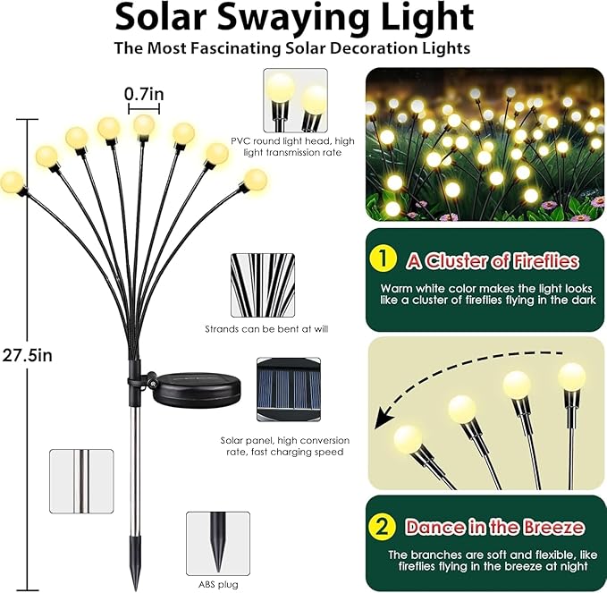 12-Pack Garden Solar Lights, 96 LED Solar Lights Outdoor for Garden Decor, Waterproof Firefly Light Outdoor (Sway by Wind), Swaying Light for Outside Yard Pathway Landscape Decorations (Warm White)
