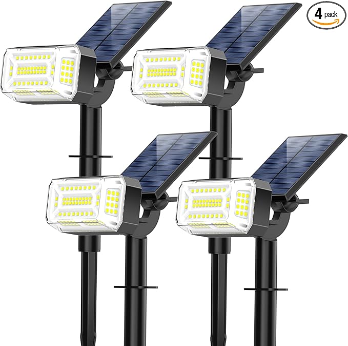 Solar Spot Lights Outdoor, 102 LED Solar Garden Yard Spotlight Waterproof Landscape Flood Powered Lights with Adjustable Light & Panel, 4 Lighting Modes for Walkway Driveway, 4 Pack(Cool White)