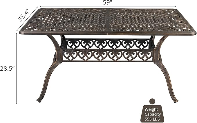 VINGLI 7-Piece Outdoor Dining Set, Cast Aluminum Patio Furniture Set for 6 with Umbrella Hole, Rectangular Outdoor Dining Table & 6 Stackable Chairs, All-Weather Garden/Poolside Dining Set Bronze