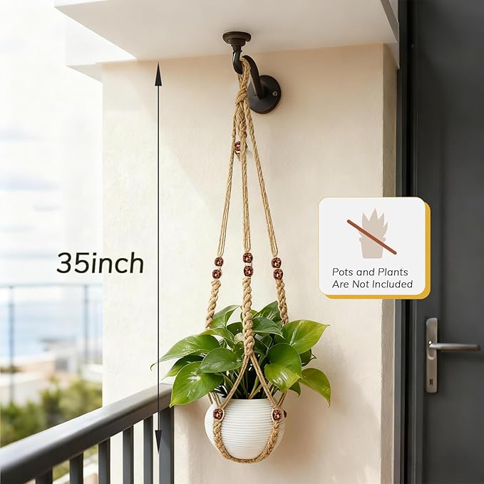 35 Inch Macrame Plant Hanger, Large for up to 15 Inch Pot Extra Long Hanging Planter Holder Basket with Wood Beads for Indoor Outdoor Home Decor (Brown, 2-Pack)