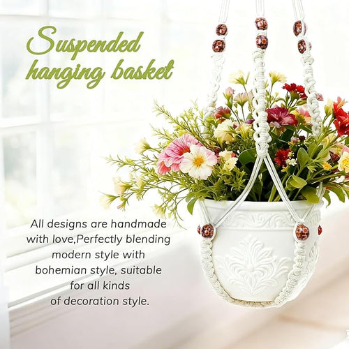 35 Inch Macrame Plant Hanger, Large for up to 15 Inch Pot Extra Long Hanging Planter Holder Basket with Wood Beads for Indoor Outdoor Home Decor (Ivory, 1-Pack)