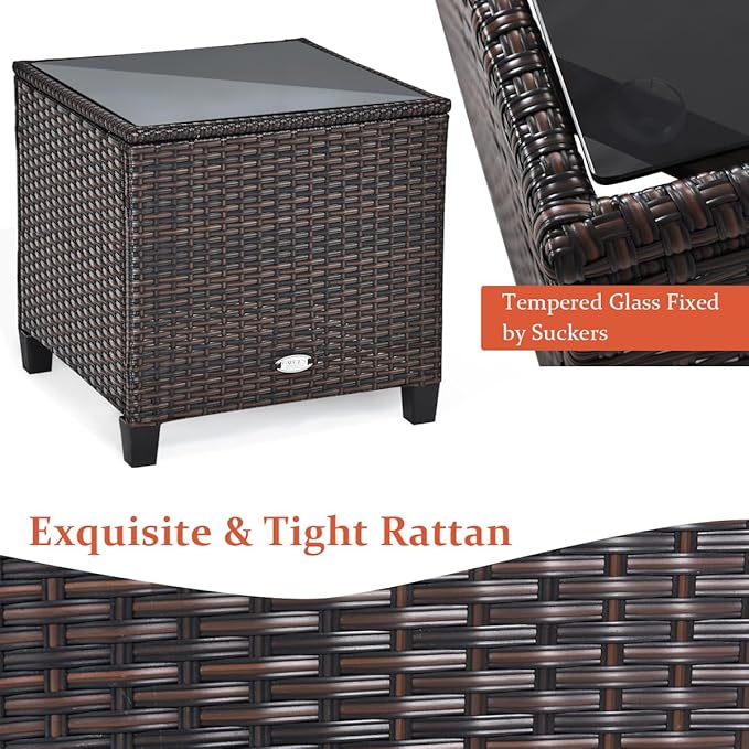 Tangkula 3 Pieces Patio Furniture Set, PE Rattan Wicker 3 Pcs Outdoor Sofa Set w/Washable Cushion and Tempered Glass Tabletop, Conversation Furniture for Garden Poolside Balcony (Orange)