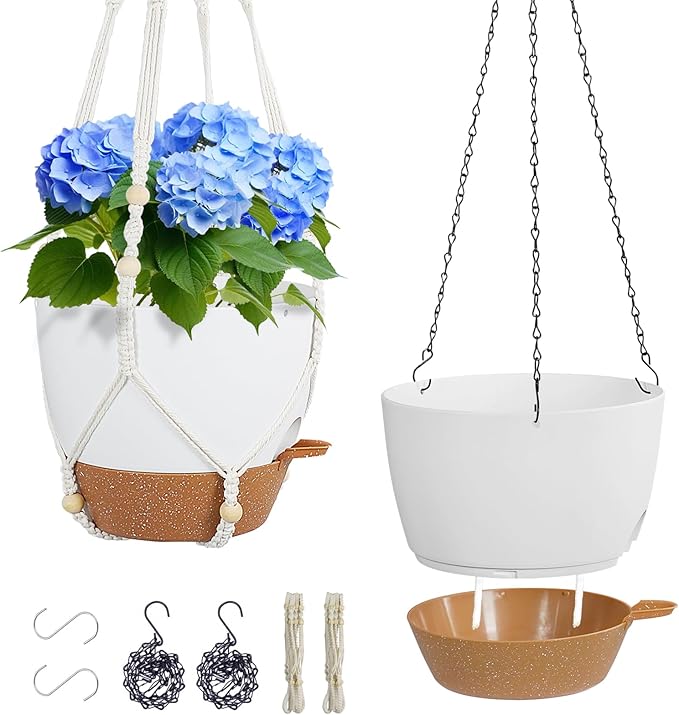 10 inch Self Watering Hanging Planters, 2 Pack Hanging Baskets for Indoor Outdoor Plants, Hanging Flower Pots with Drainage Holes & 2 Kinds of Plant Hangers for Garden Home Décor, White Brown