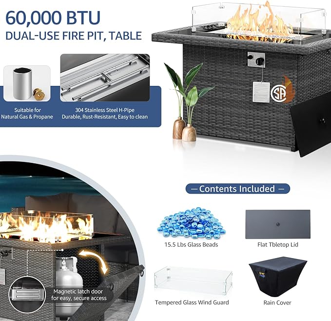 NICESOUL 9 Piece Outdoor Patio Furniture Set with Fire Pit Table Dual Natural Gas & Propane, 29.3'' High Back Extra Large Comfy Wicker Conversations, Deep Wide Modular Couches for Garden, Light Grey