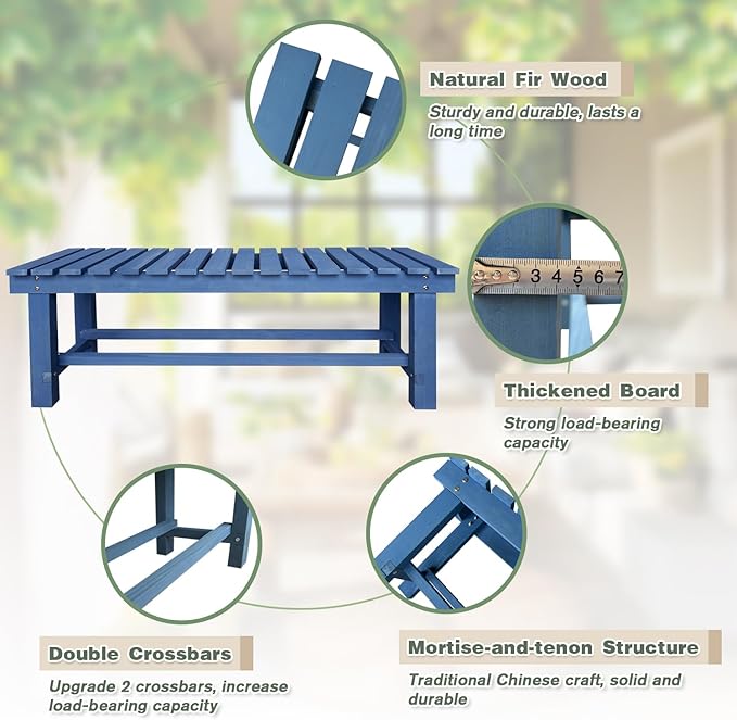 Outdoor Garden Wood Bench, 2-Person Weatherproof Wooden Bench Park Narrow Bench, Never Rot or Fade Waterproof Backless Bench for Entryway, Outdoor, Patio, Porch, Backyard and Park (Blue, 35.5''/90cm)