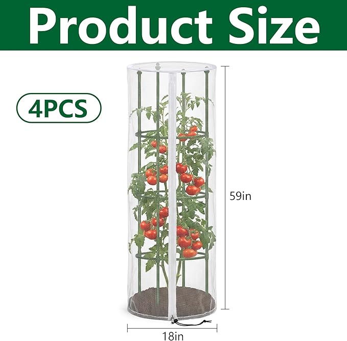 4 Pcs Garden Bird Netting Cover for Round Tomato Cage, 59" x 18" Tomato Trellis Insect Barrier Protection Mesh, Plant Cage Garden Net Cover with Zipper for Vertical Climbing Plants Vegetables Fruits