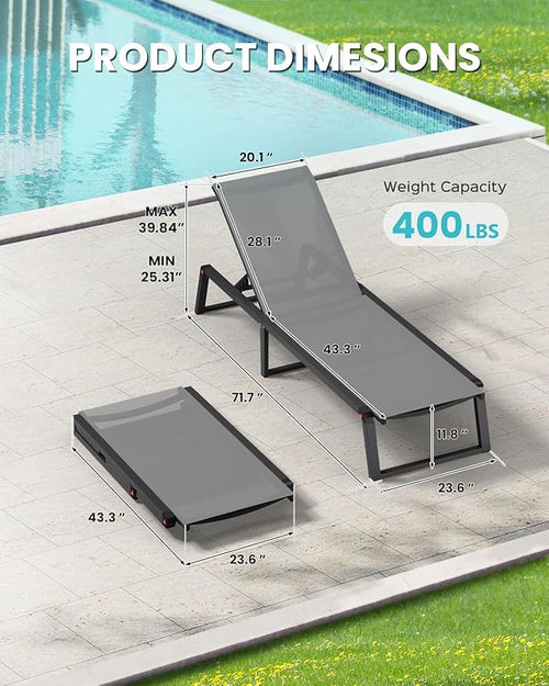 Aluminum Chaise Lounge Chair Outdoor Set of 2, Foldable & No Assembly Pool Lounge Chairs 5-Position Recliner for Outside Poolside, Fully Grounded Legs Sun Lounger for Patio, Beach, Dark Grey