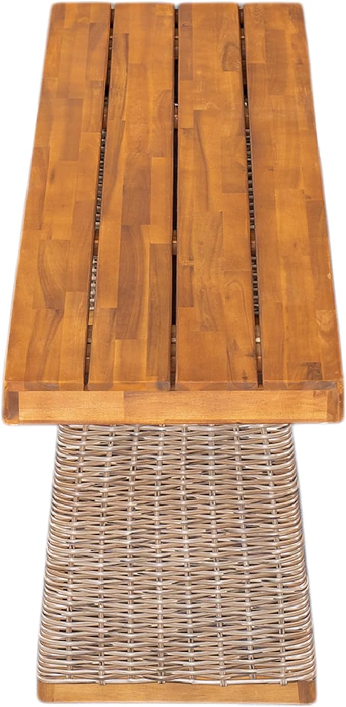 Christopher Knight Home Pasco Acacia Wood Outdoor Dining Table Set for 6, Wicker Patio Dining Set with Acacia Wood Table and Bench, Patio Table and Chair Set with Cushion+Rope Back, Black+Teak+Brown