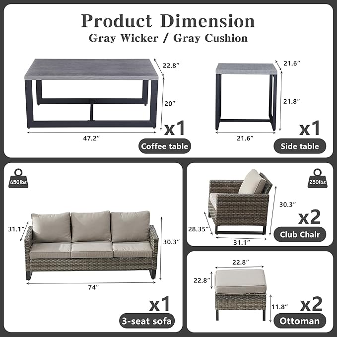 Belord 7 Piece Outdoor Furniture Patio Wicker Sofa Set, Oversize Outdoor Dining Chairs with Rattan Ottomans, Conversation Sets Patio Furniture Come with Removable Washable Cushion Grey