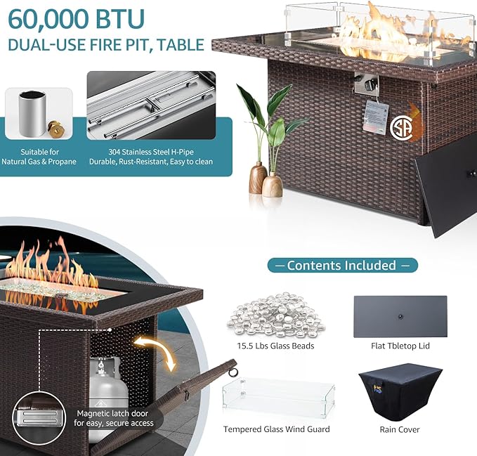 NICESOUL 6 Piece L-Shaped Patio Furniture Set with Fire Pit Table Natural Gas/Propane, 29.3'' High-Back Deep Wide Seat Outdoor Conversations, XL Big Fireplace Couches, Brown Rattan and Teal Cushion