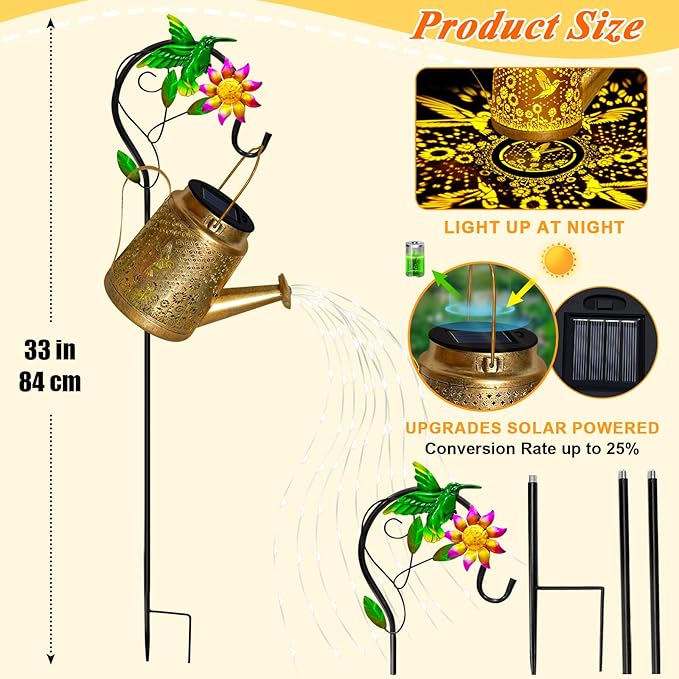 Hummingbird Solar Watering Can Lights, Outdoor Waterproof Garden Lanterns with Shepherd Hook, Solar Garden Decor for Yard Outdoor Landscape Pathway, Gift for Women Mom Grandma Christmas Gifts, 2 Pack