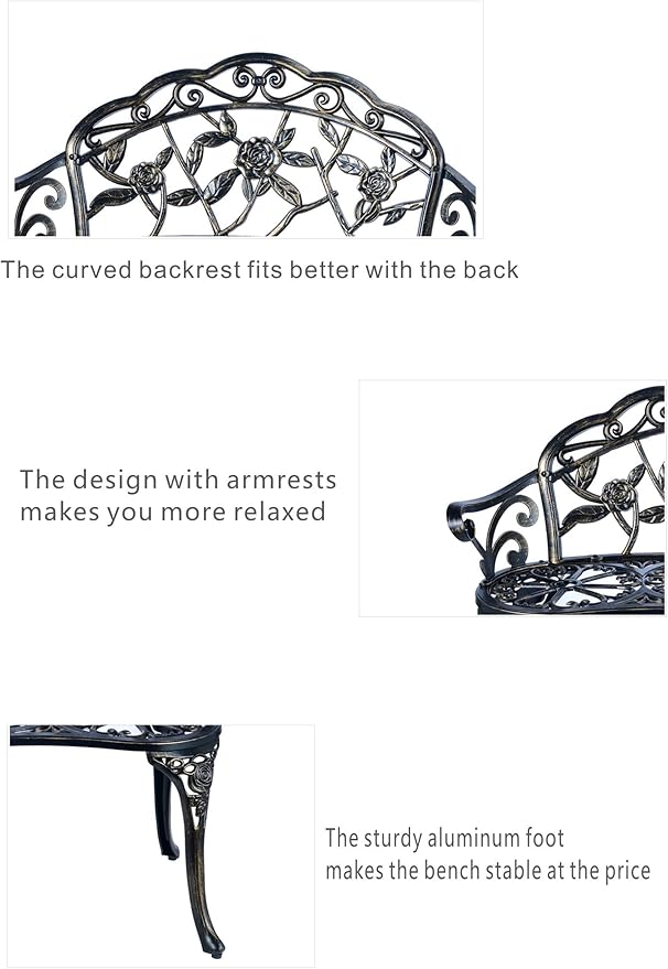 Patio Balcony Bench Double Seat, Anti-Rust Cast Aluminum Patio Garden Bench for Park Yard Outdoor Furniture Copper.1