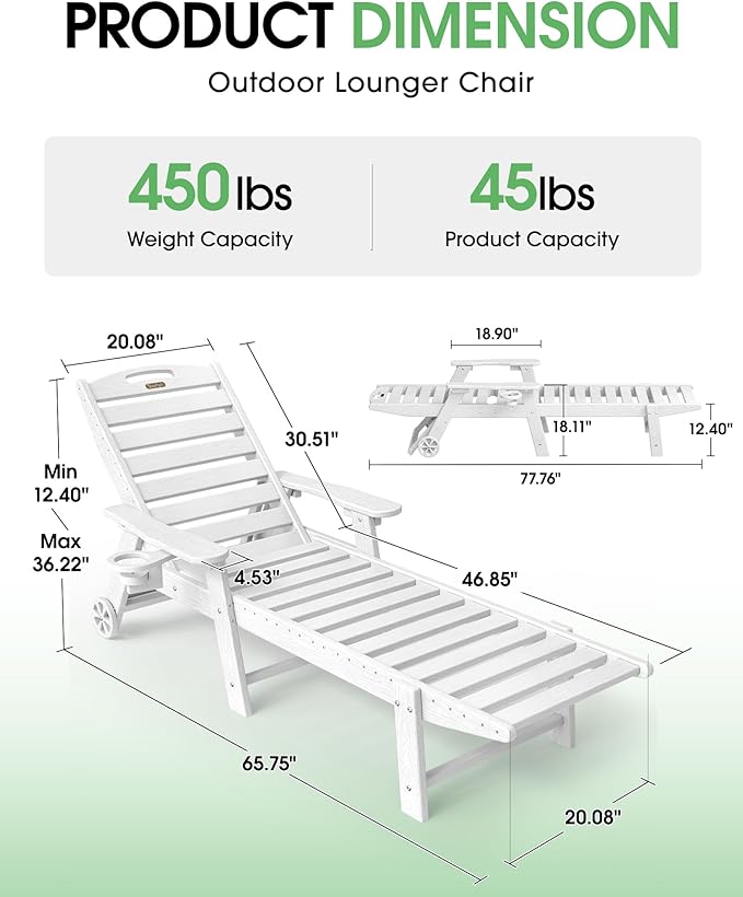 Lounge Chair Outdoor Set of 2, HDPE Chaise Lounge Outdoor, Pool Lounge Chair for Pool Poolside Deck Backyard Patio, White