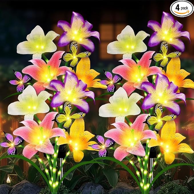 4 Pack Solar Garden Lights LED Solar Lilies Flower Lights, Yard Patio Pathway Decoration High Flexibility Copper Wire Handmade Silk Artificial Flowers Never Wither, Gift for Family, Friends