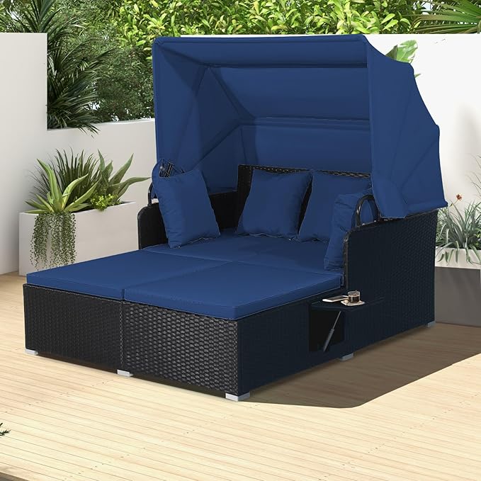 ORALNER Outdoor Daybed, 2-Person Wicker Patio Sofa with Retractable Canopy, Cushions & Pillows, 2 Side Trays, PE Rattan Sunbed Double Lounger for Deck Poolside Garden Balcony (Navy)