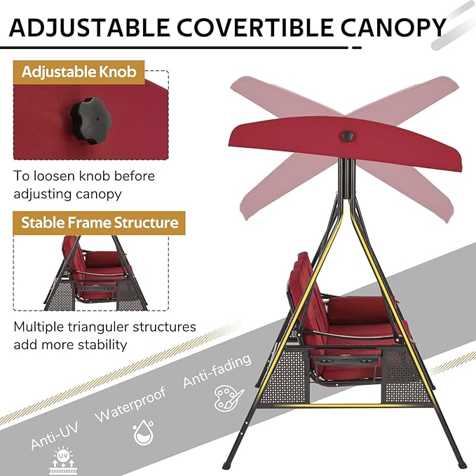 U-MAX 3-Seat Porch Swing Chair Steel Frame, Patio Swing Chair with Stand and Removable Cushions, Outdoor Canopy Swing Chair for Outside, Backyard, Garden, Burgundy Cushion
