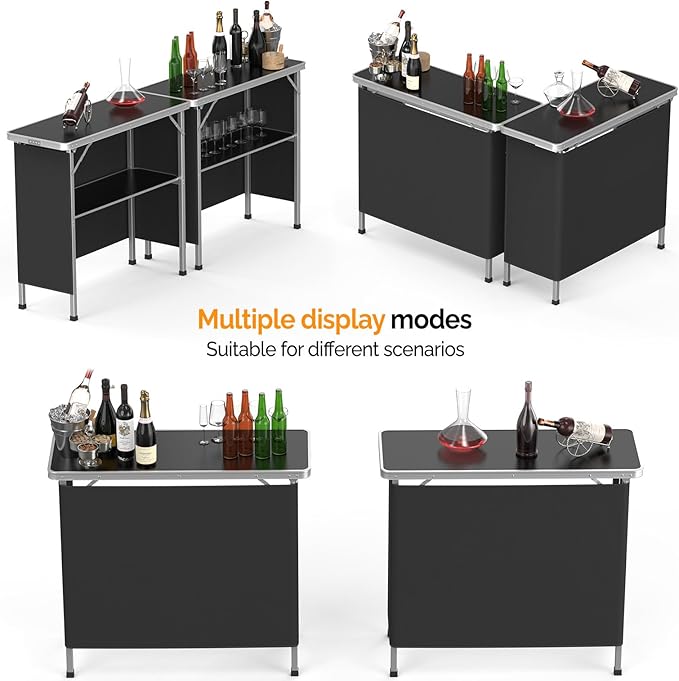VINGLI Portable Bar Table, 2-Tier Shelves, Mobile Bar Table for Events, Party, Camping, Picnic, Tradeshow, Indoor with Black Skirt, 39 "L x 34" H