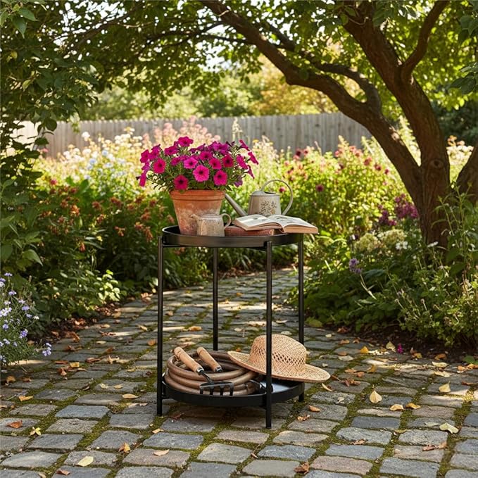 danpinera 2-Tier Round Side Table, Metal End Table with Removable Tray, Small Outdoor Table Accent Table, Anti-Rust Black Nightstand for Bedroom Balcony Patio (Black)