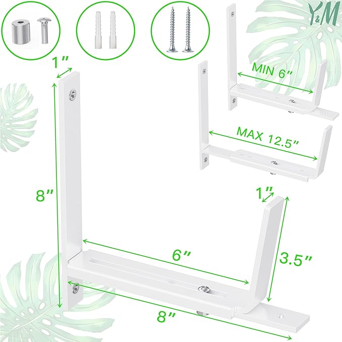 Y&M 2 Pack Adjustable Planter Brackets (6 to 12.5 in), Universal Window Box Mounting Hooks, Heavy Duty Iron Flower Box Wall Mounts for Balcony, Fences, Patio, and Garden - White