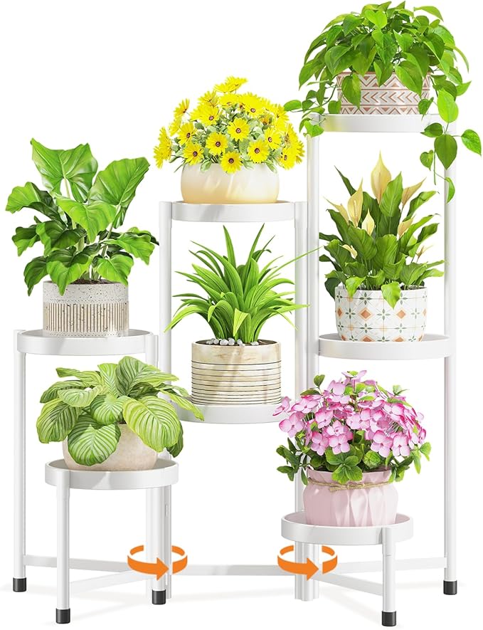 LASZOLA 7 Tiered Folding Tall Plant Stand Indoor for Multiple Large Planter, Heavy Duty Metal Adjustable Flower Rack for Narrow Corner, Sturdy Vertical Spiral Shelving Holder for Modern House, White