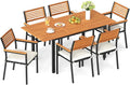 Tangkula 7 Piece Patio Dining Set, Outdoor Acacia Wood Cushioned Chairs and 51”-64” Expandable Rectangular Table Set, with Umbrella Hole, 6 Stackable Armchairs, for Poolside Garden (Off White)