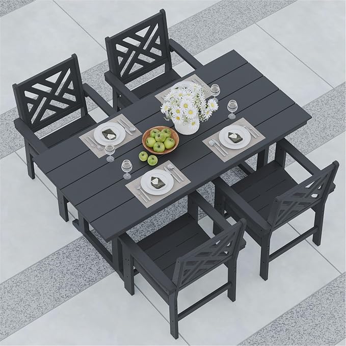 5-Piece Outdoor Dining Set, HDPE All-Weather Patio Table and Chairs Set for 4, Outdoor Patio Furniture Sets with Umbrella Hole for Outside, Deck, Backyard, Garden (Black)