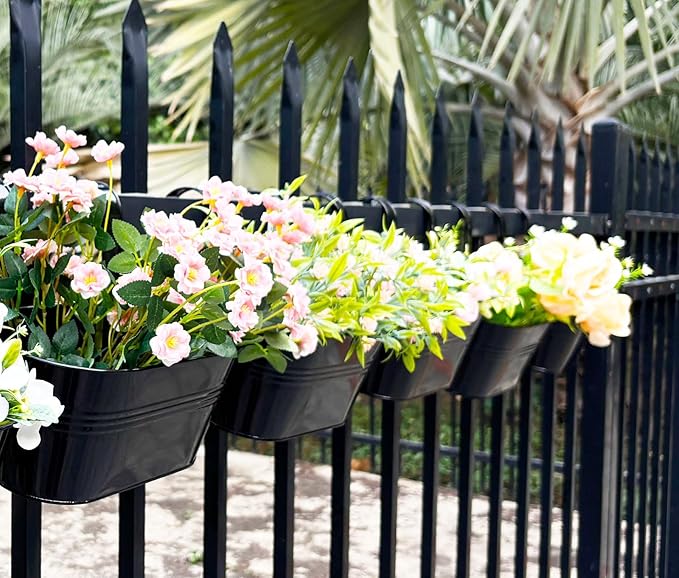 2 Pack Metal Hanging Planter for Outdoor Plants, 10 Inch Black Fence Planters Railing Pots for Garden Patio Balcony Decor, Flower Bucket with Detachable Hooks (Black, 2Pcs)