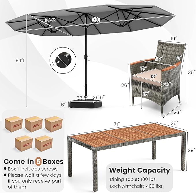Tangkula 10 Pieces Patio Wicker Dining Set w/Double-Sided Patio Umbrella, Outdoor Acacia Wood Furniture Set w/ 8 Armchairs, 71” Dining Table & 15 ft Umbrella with Weighted Base (Gray)