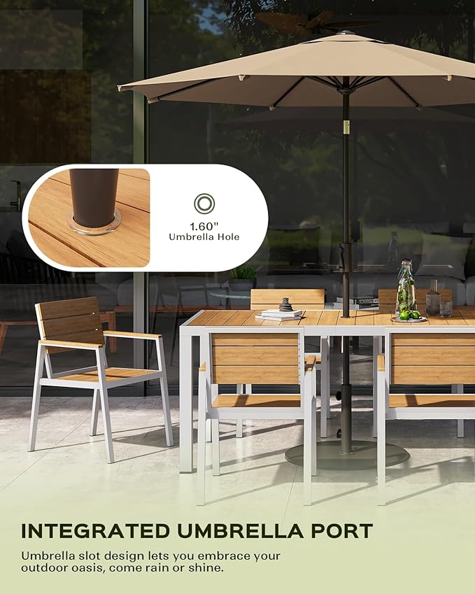 7-Piece Outdoor Dining Set, Aluminum Dining Table Set for 6, Patio Table and Chairs Set with Umbrella Hole, All Weather HDPS Outdoor Table and Chairs for 6 (White-Teak)