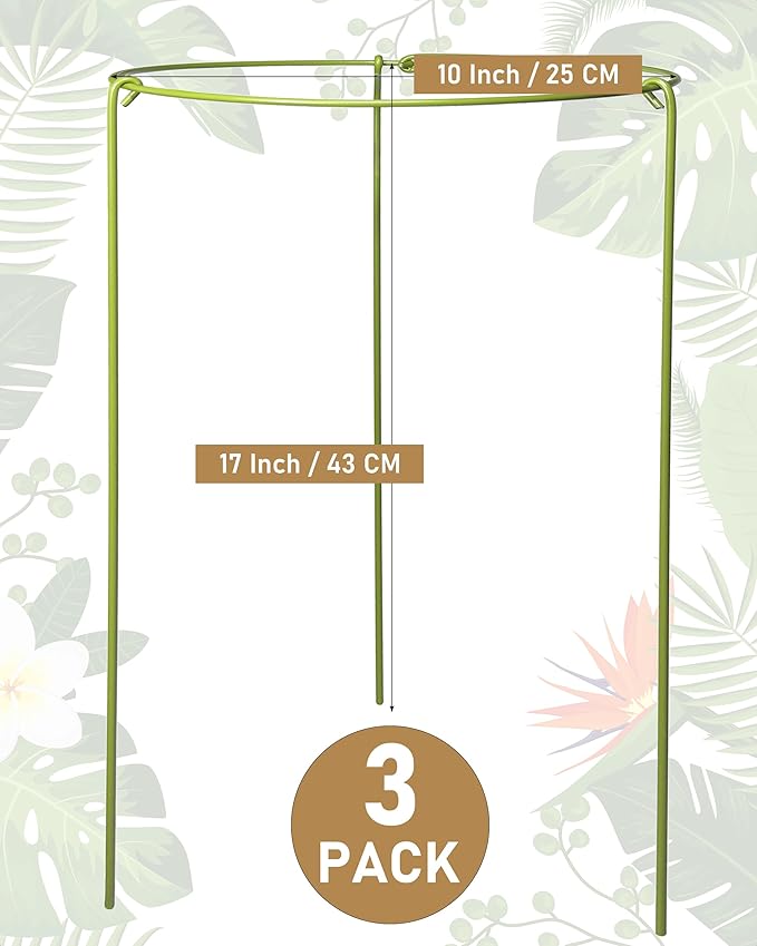 3-Pack Heavy Duty Plant Support Stakes, Metal Plant Ring Cages for Indoor Outdoor Plants, Adjustable Garden Stakes for Peonies, Monstera, Pothos, Hydrangea, Vines & Potted Plant (10" W x 17" H)