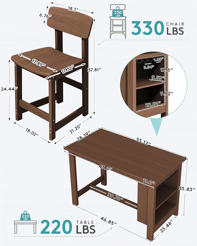 SERWALL 3-Piece Outdoor Counter Height Bar Set, HDPE Patio Bar Table with Wine Rack & Storage Shelf, 2 All-Weather Bar Stools, Patio Bar Dining Furniture Set for 3, Brown