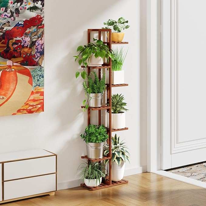 ROSSNY 55 Inch Tall Plant Stand Indoor, 7 Tier 8 Potted Bamboo Plant Stands for Indoor Plants, Corner Plant Stand, Tiered Plant Stands, Plant Shelf For Indoor, Planter Holder for Multiple Plants Indoor, Brown