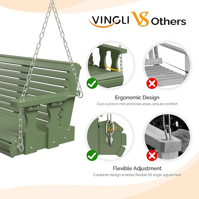 VINGLI Upgraded Patio Wooden Porch Swing for Courtyard & Garden, Heavy Duty 880 LBS Swing Chair Bench with Hanging Chains for Outdoors (Green, 4 FT)