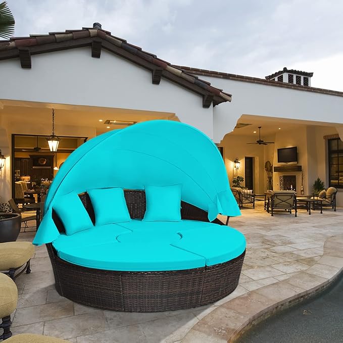 Tangkula Patio Round Daybed with Retractable Canopy, Outdoor Wicker Rattan Furniture Sets, Sectional Cushioned Sofa Set w/Height Adjustable Coffee Table, Rattan Conversation Sets (Turquoise)