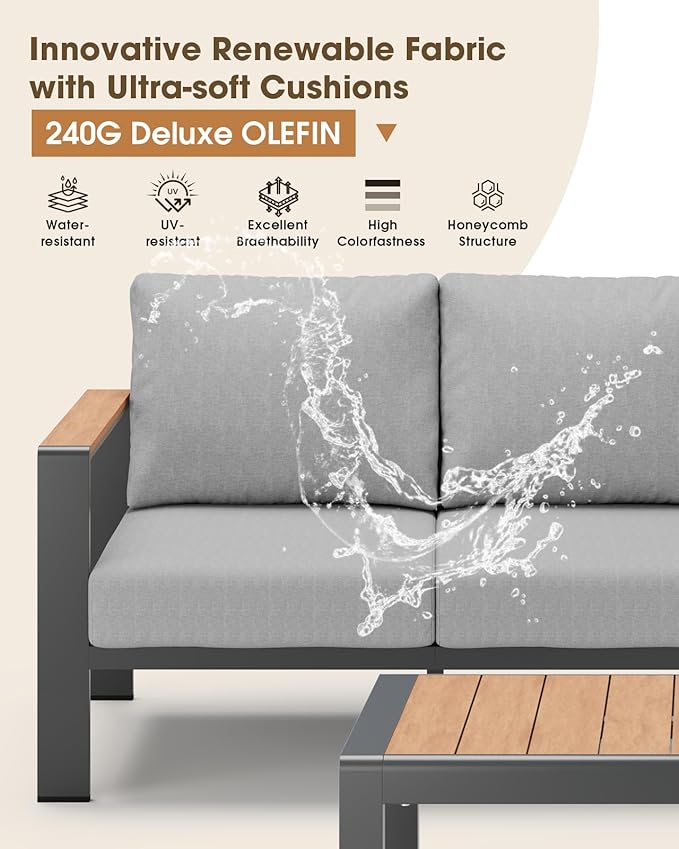 Aluminum Outdoor Patio Furniture 3 Seats, All-Weather Outdoor Patio Sofa with Washable Thick Cushion, Morden Patio Couch for Porch, Balcony, Deck, Yard, Gray