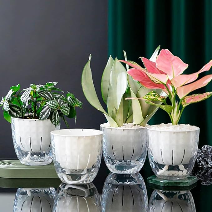 4 Pack 4 inch Self Watering Pots Planters for Indoor Plants, African Violets Pots with Wick Rope, Modern Plastic Nursery Pots for All House Plants,Flowers Succulents,Herbs,Cactus,Orchids