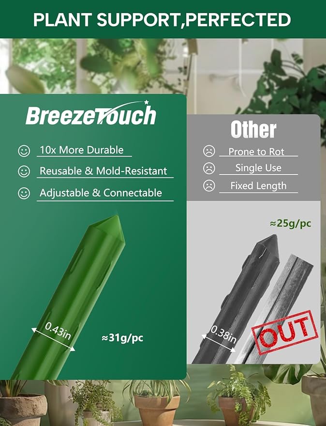 Breeze Touch Garden Trellis for Climbing Plants Outdoor, 40 Pack 17" Tomato Stakes Set with Clips & Connectors,Garden Plant Stakes, Tomato Frame, Cucumber Trellis for Raised Bed & Potted Plants